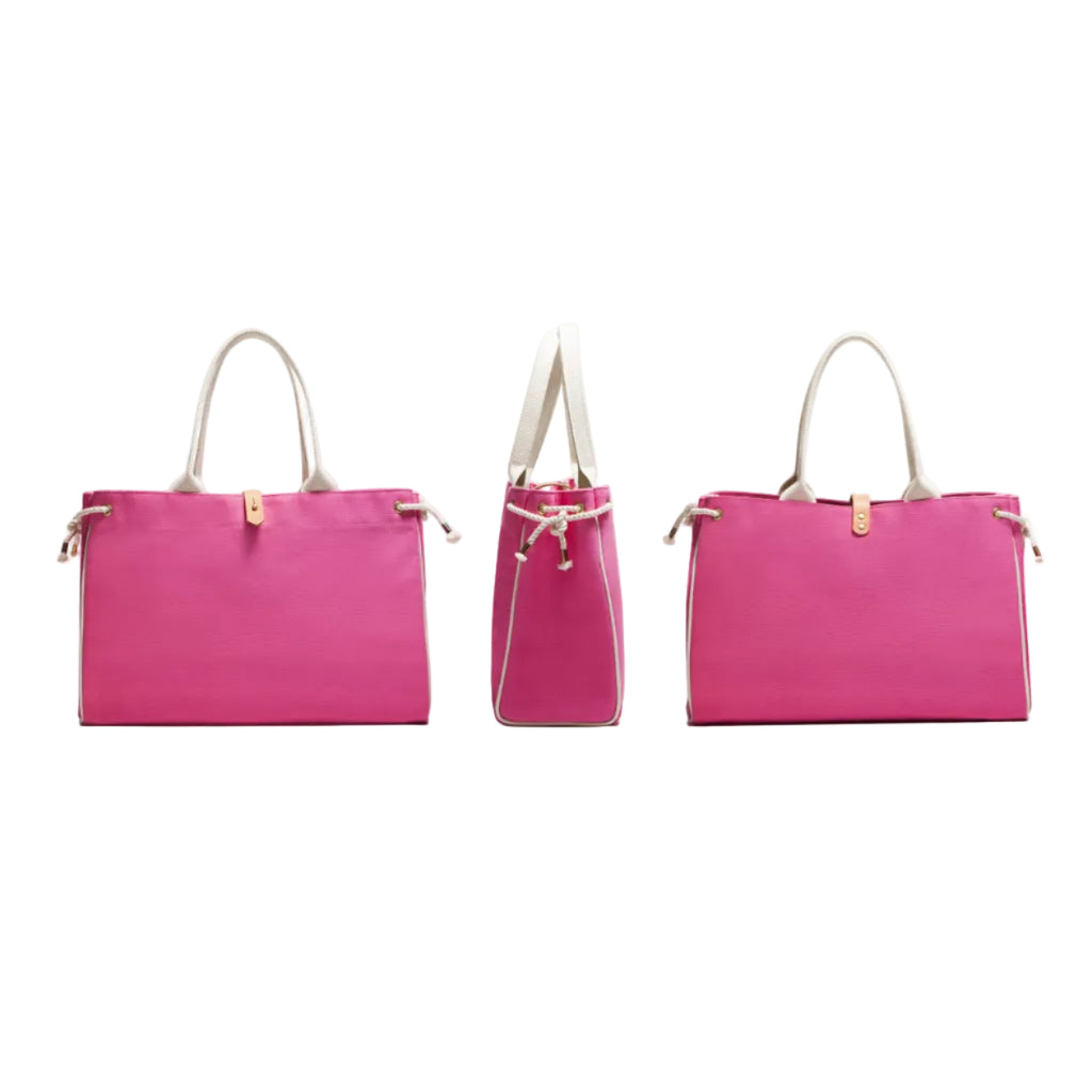 Three pink handbags with white handles on a white background