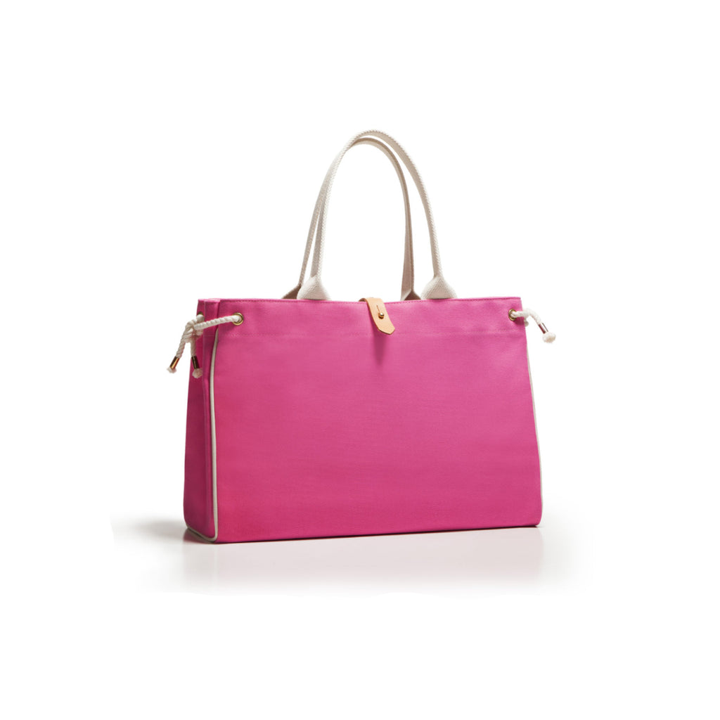 Pink handbag with white handles on a white background