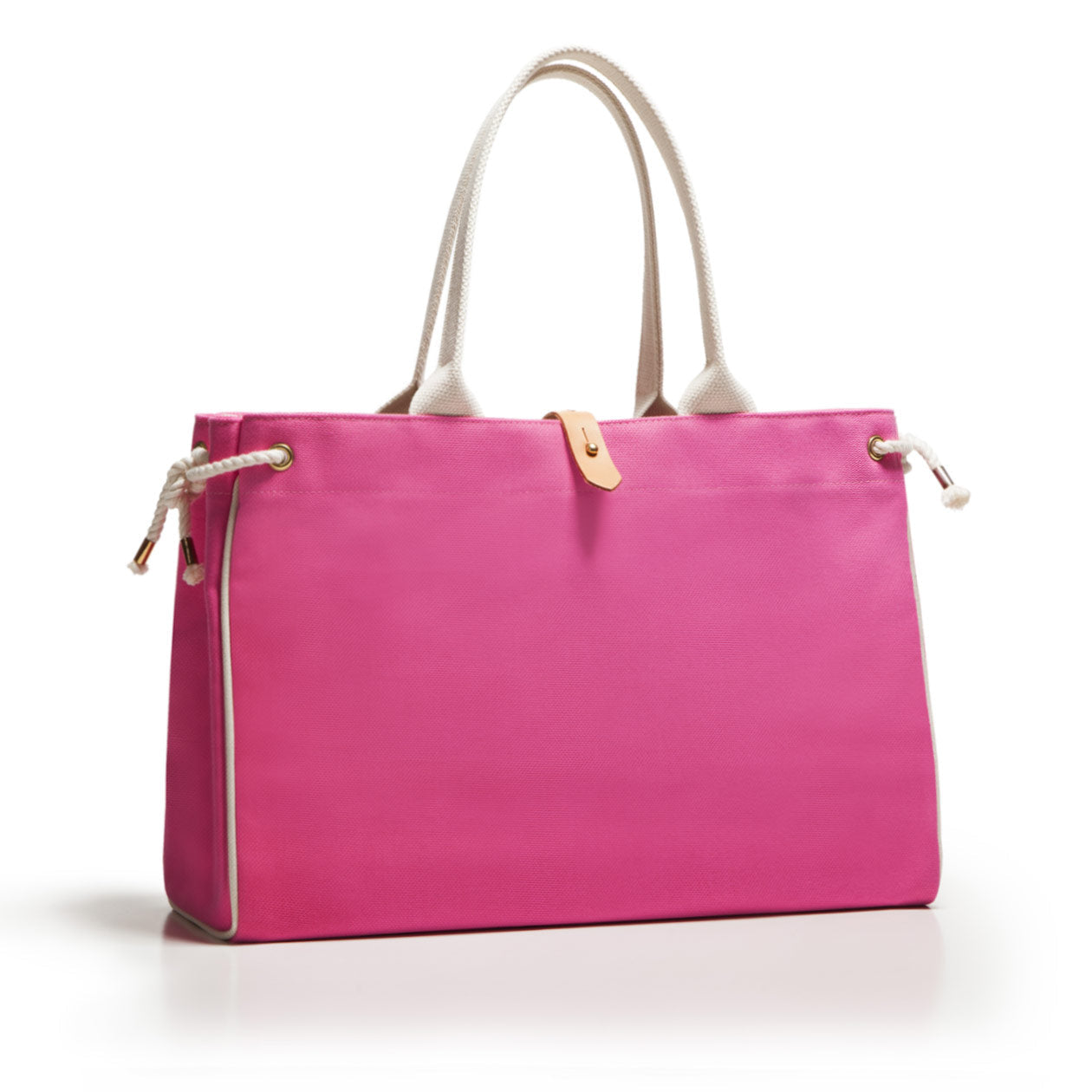 Pink handbag with white handles on a white background