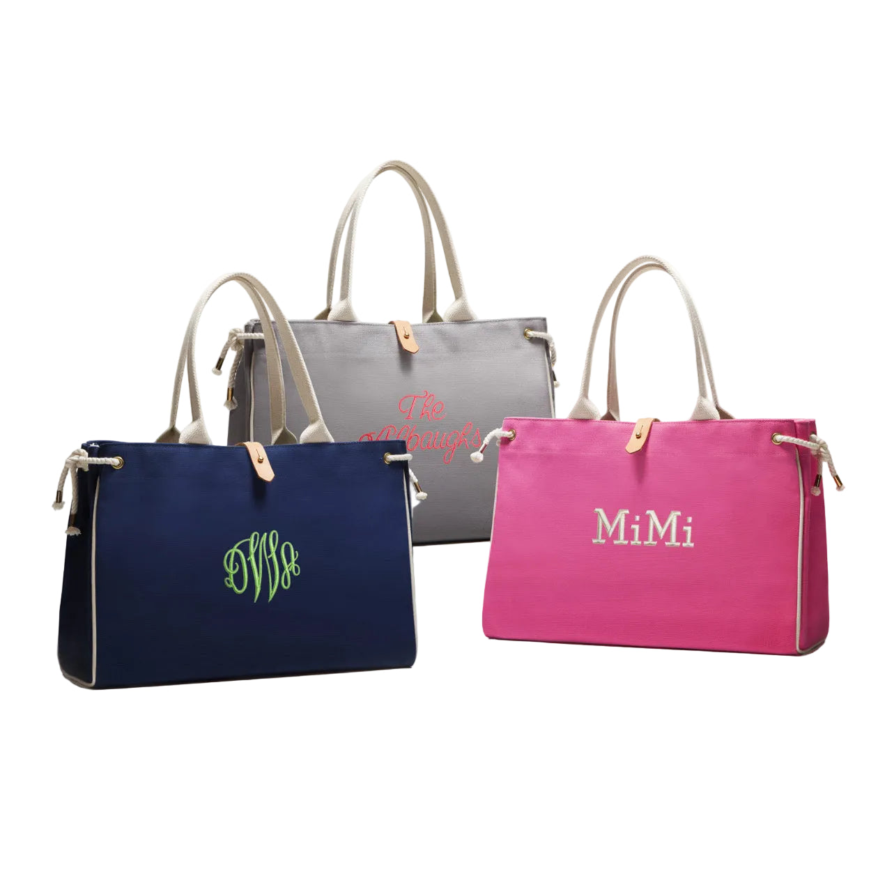 Three bags in blue, gray, and pink with monogrammed text on a white background