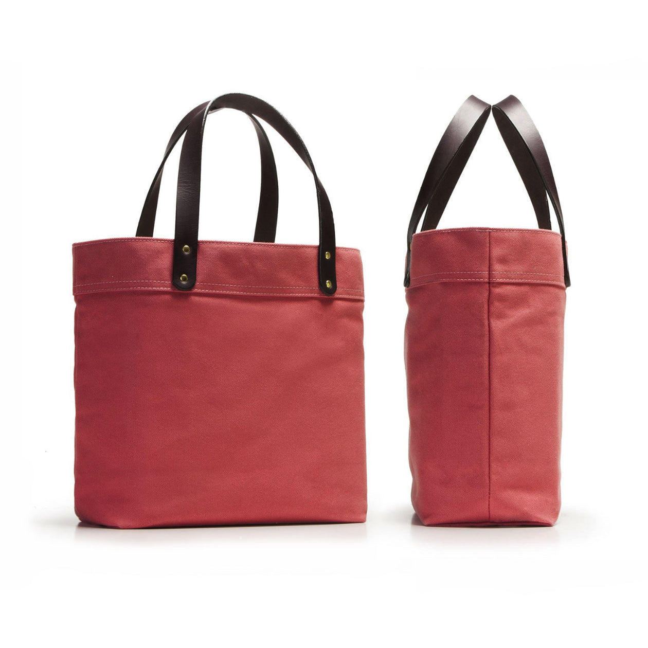 Red tote bag with black straps on a white background