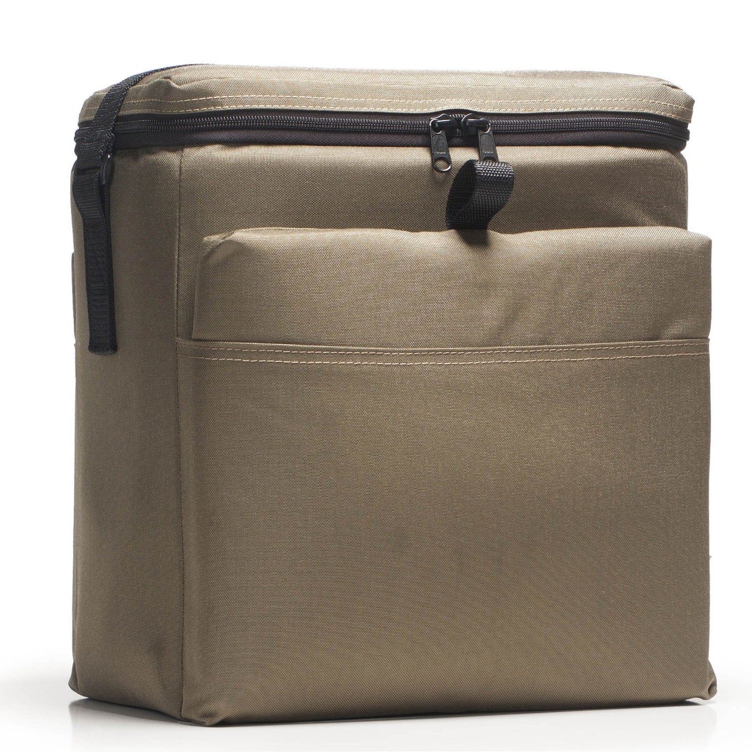 Beige backpack with a black zipper on a white background