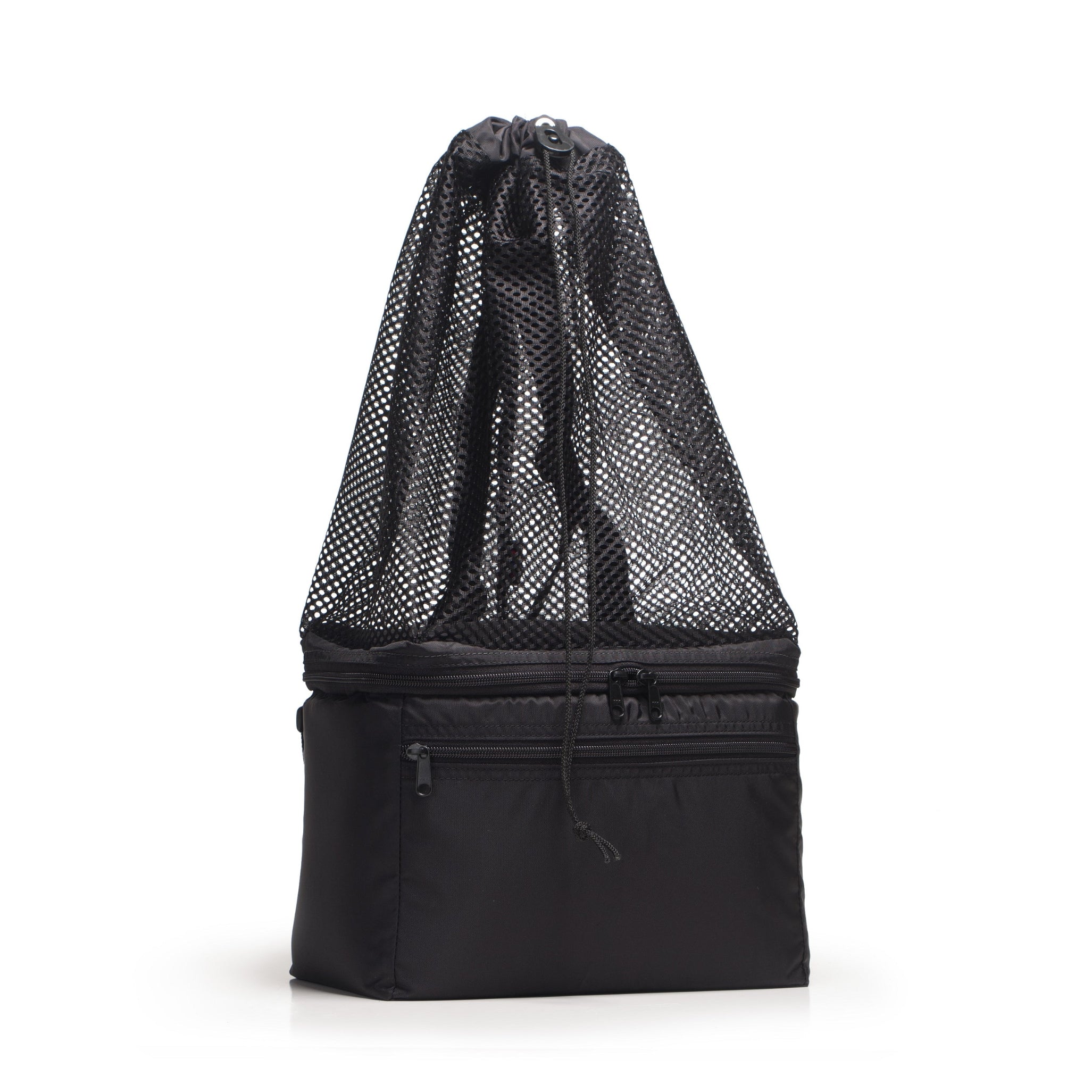 Black mesh drawstring bag with a black zipper on a white background