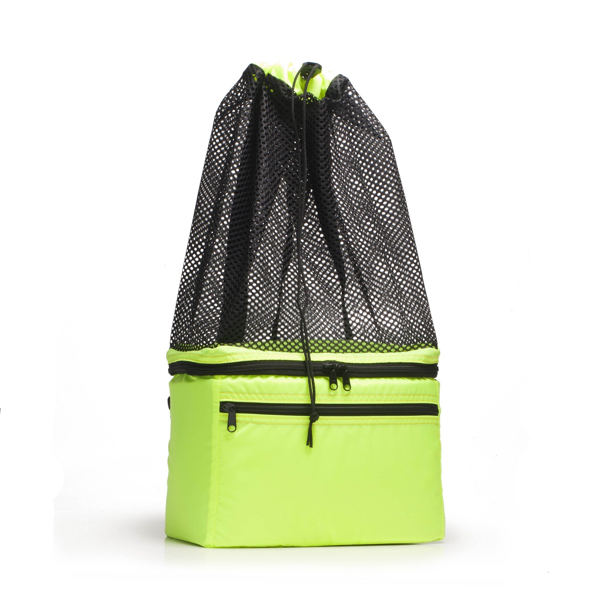 Green drawstring bag with black mesh side on a white background