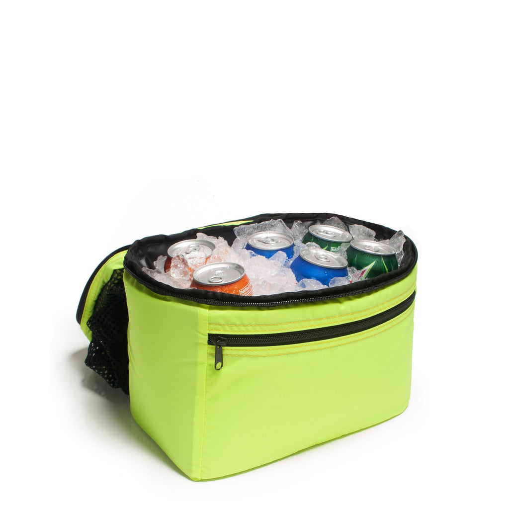 Green cooler bag with ice and cans on a white background