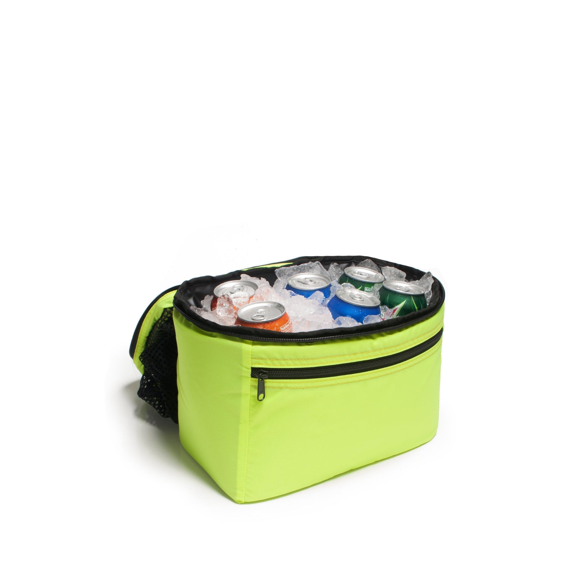 Green cooler bag with ice and cans on a white background