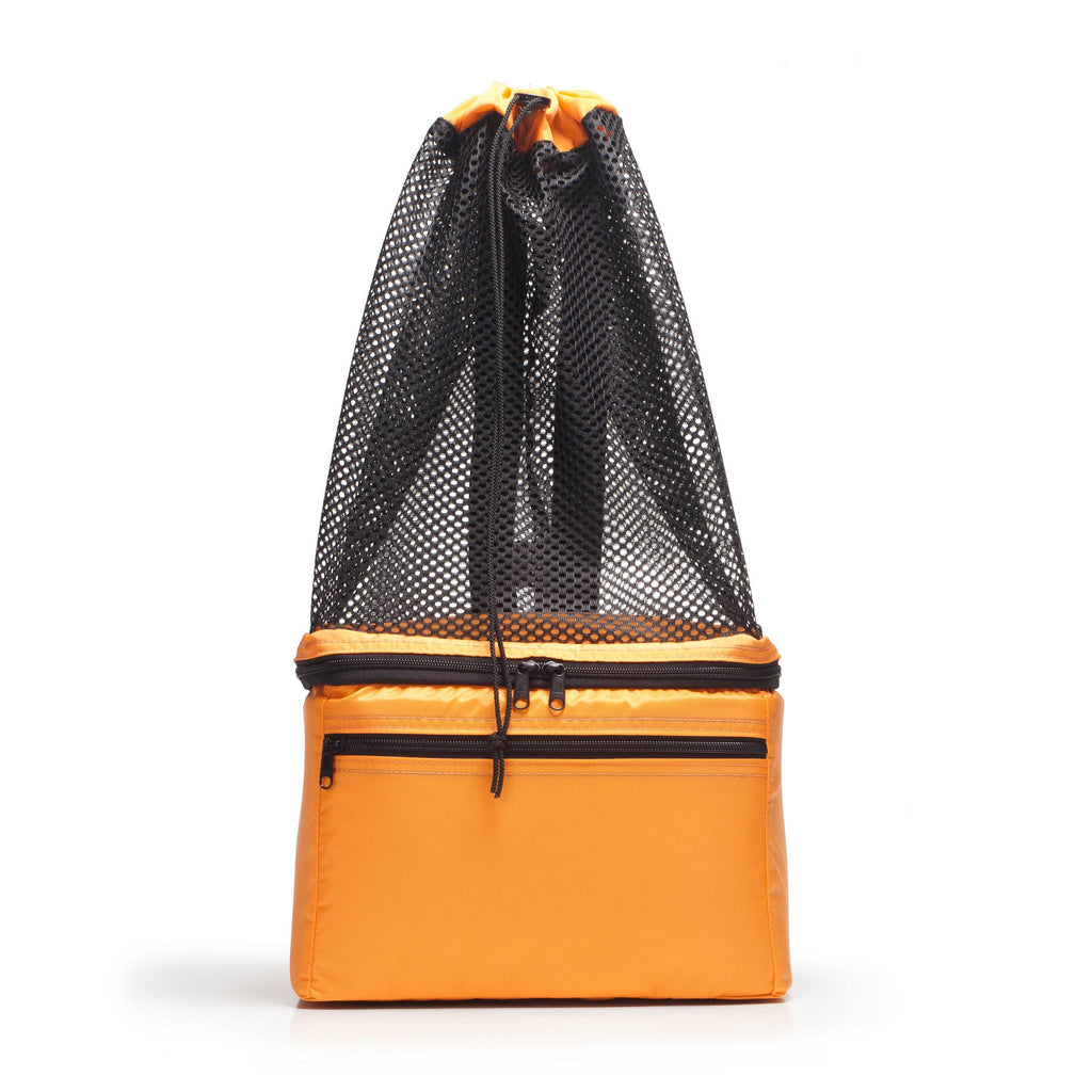 Orange drawstring bag with black mesh side on a white background