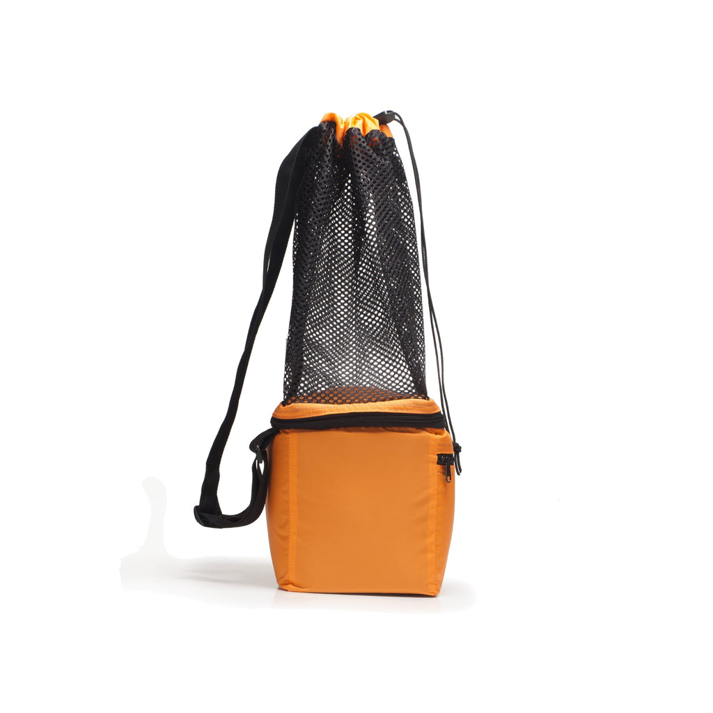 Orange drawstring bag with black mesh side on a white background