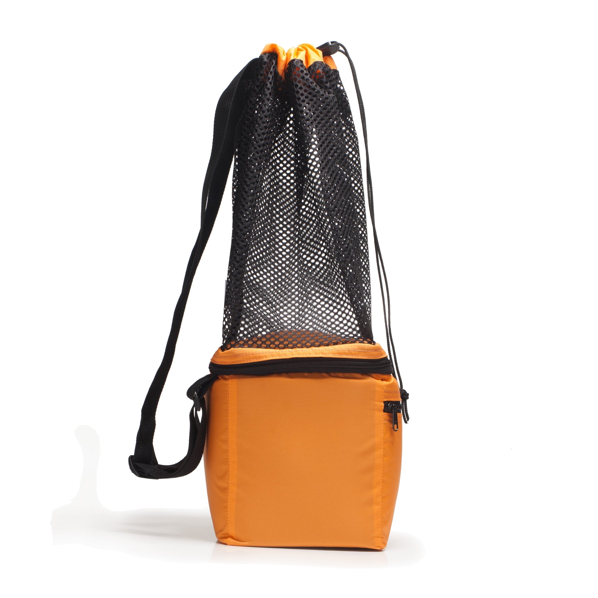 Orange drawstring bag with black mesh side on a white background