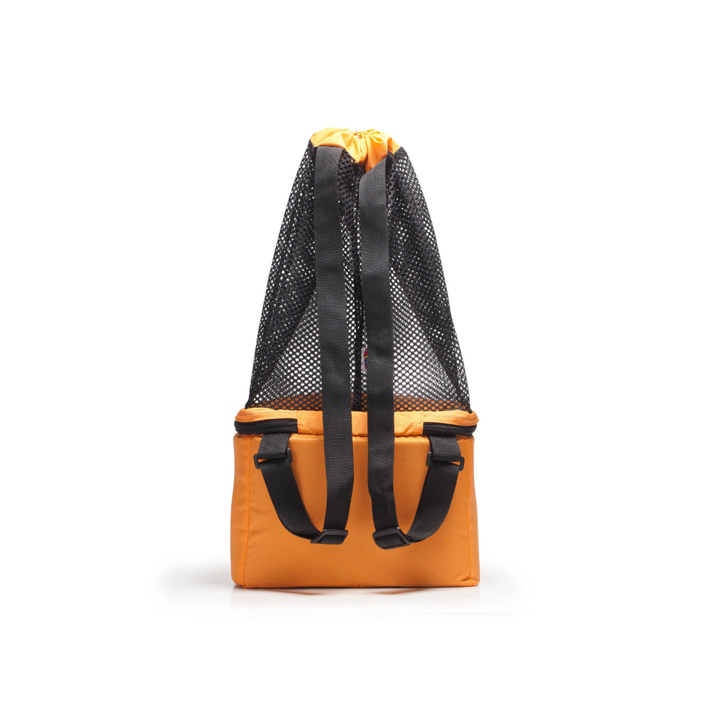 Orange backpack with black mesh back and straps on a white background