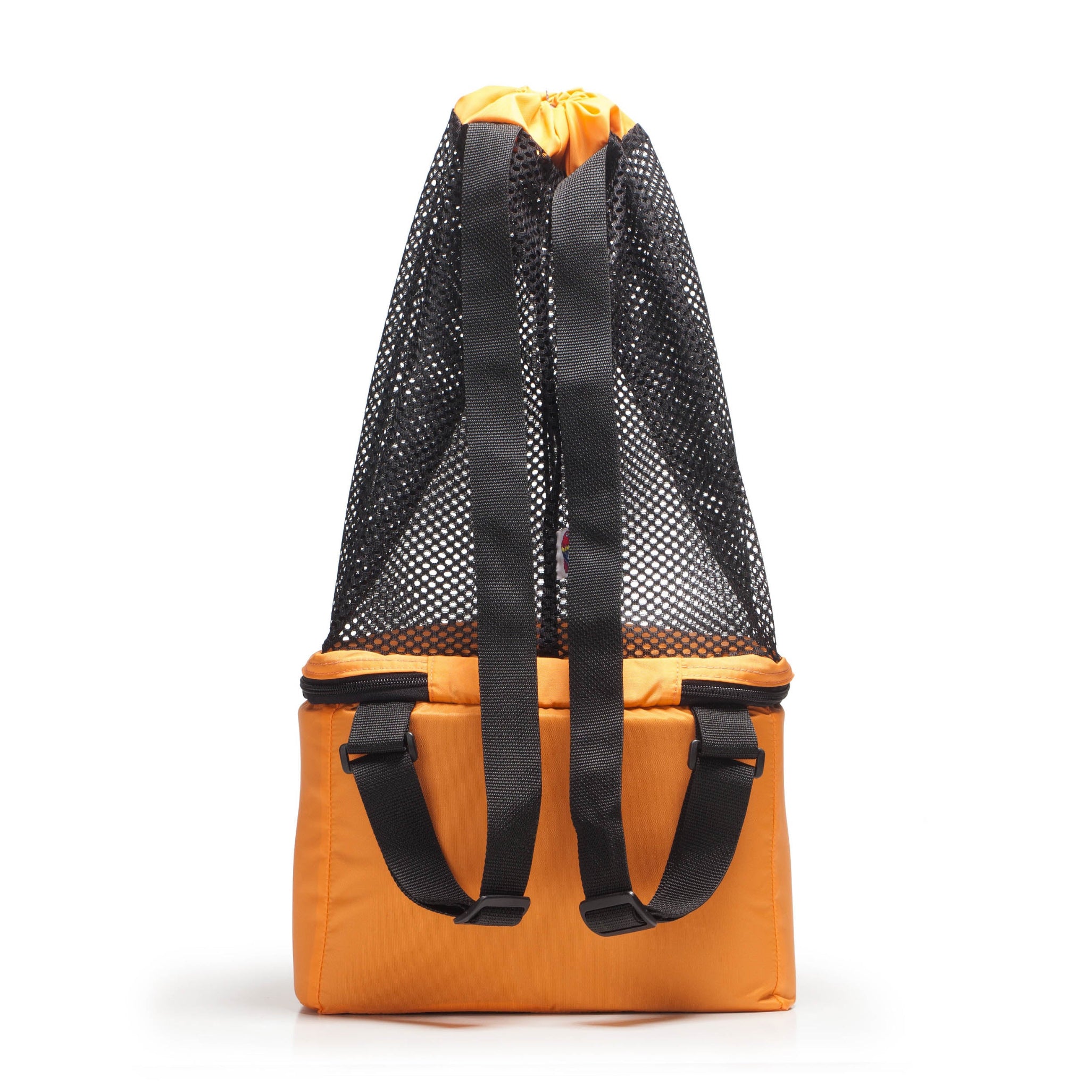 Orange backpack with black mesh back and straps on a white background