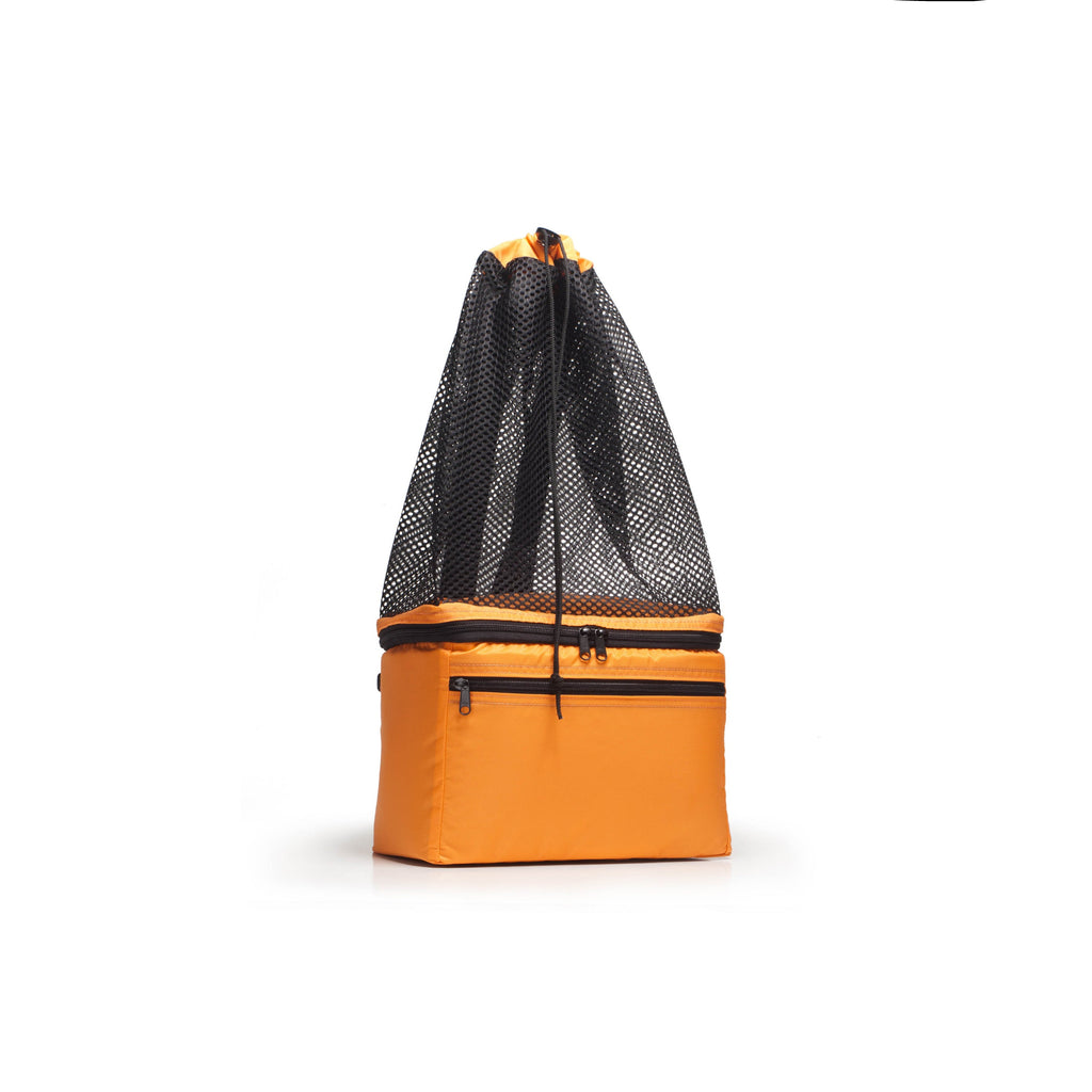 Orange drawstring bag with black mesh side on a white background