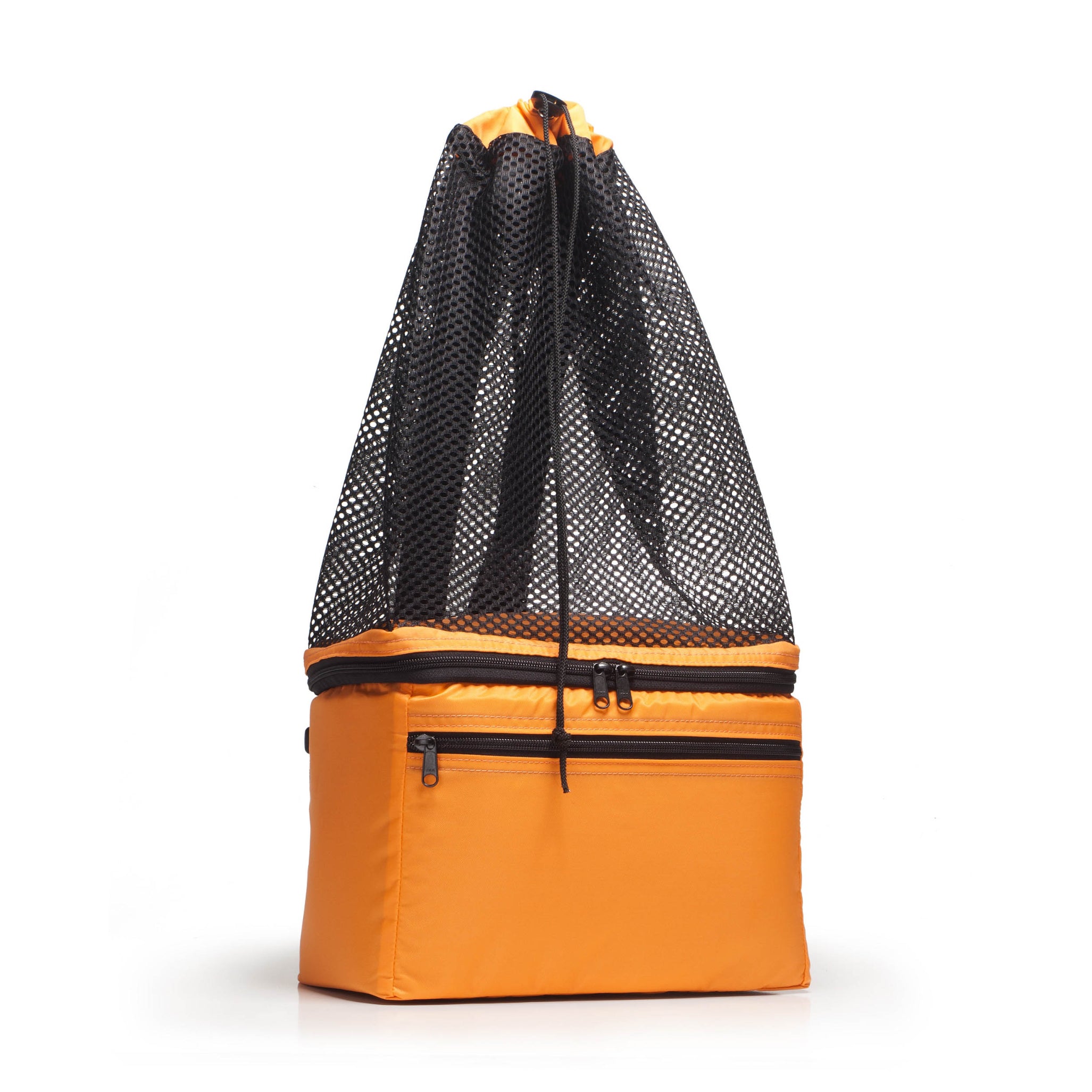 Orange drawstring bag with black mesh side on a white background