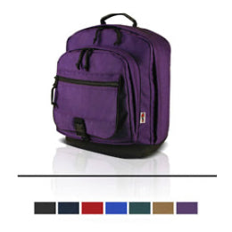 Purple backpack on a white background with color swatches below.