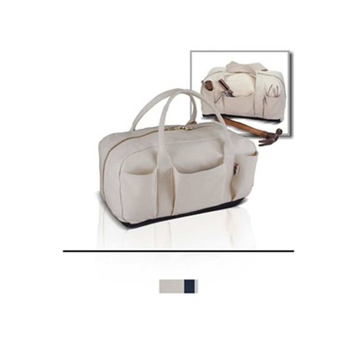 A light beige canvas duffel bag with dual top handles and side pockets, shown on a white background with a small inset image of the same bag and a color swatch below.