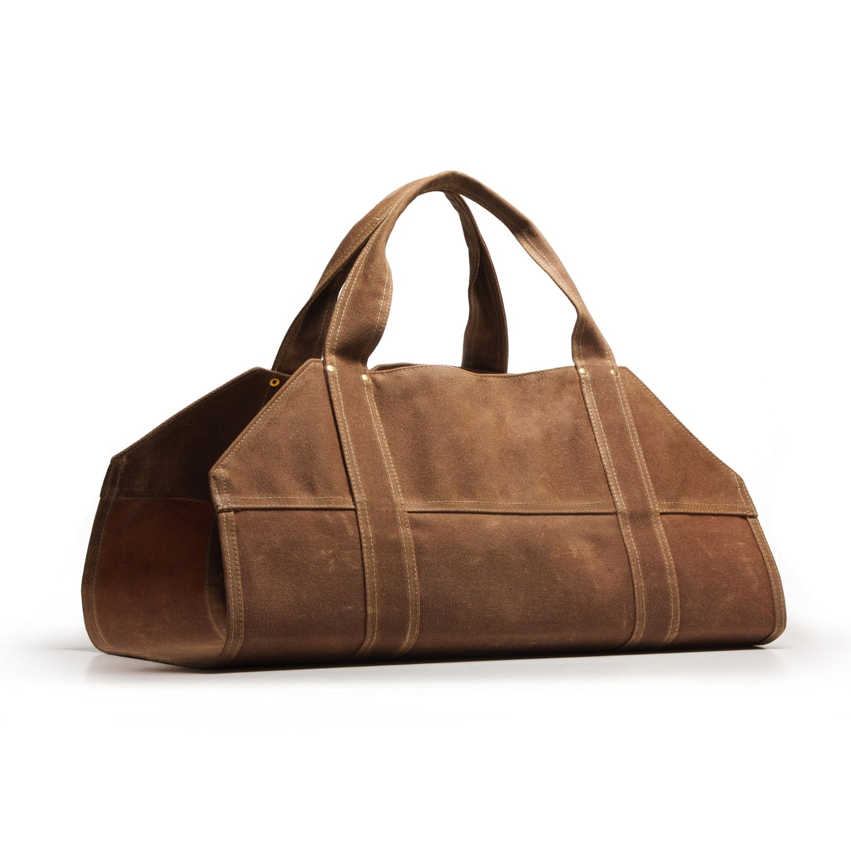 Brown leather duffel bag on a white background