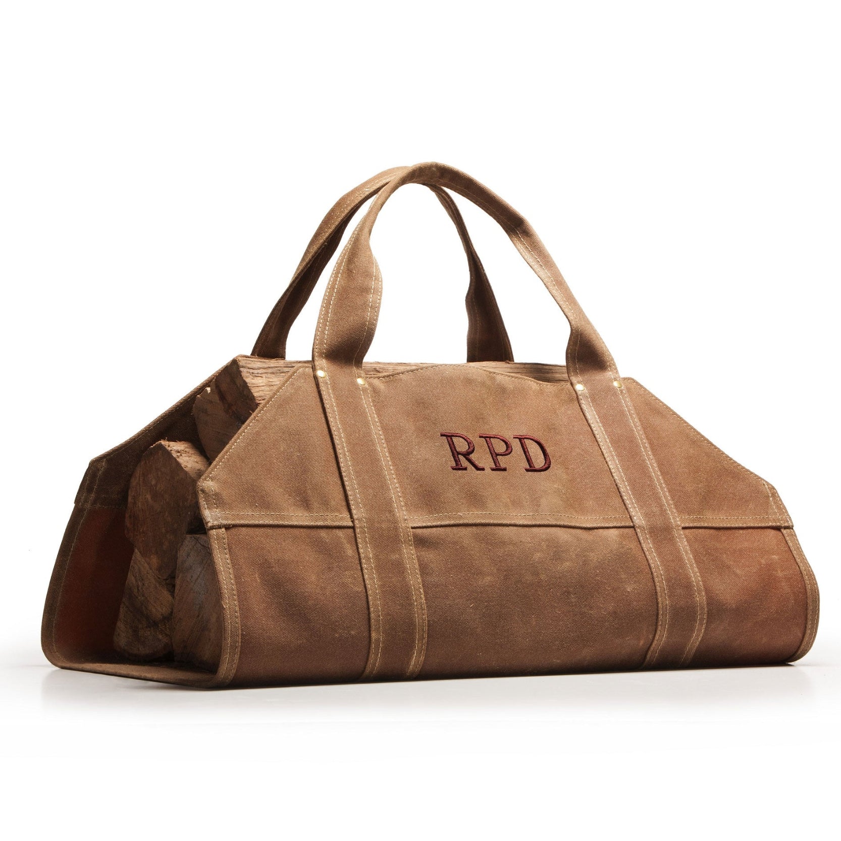 Brown leather duffel bag with 'RPD' monogram on a white background
