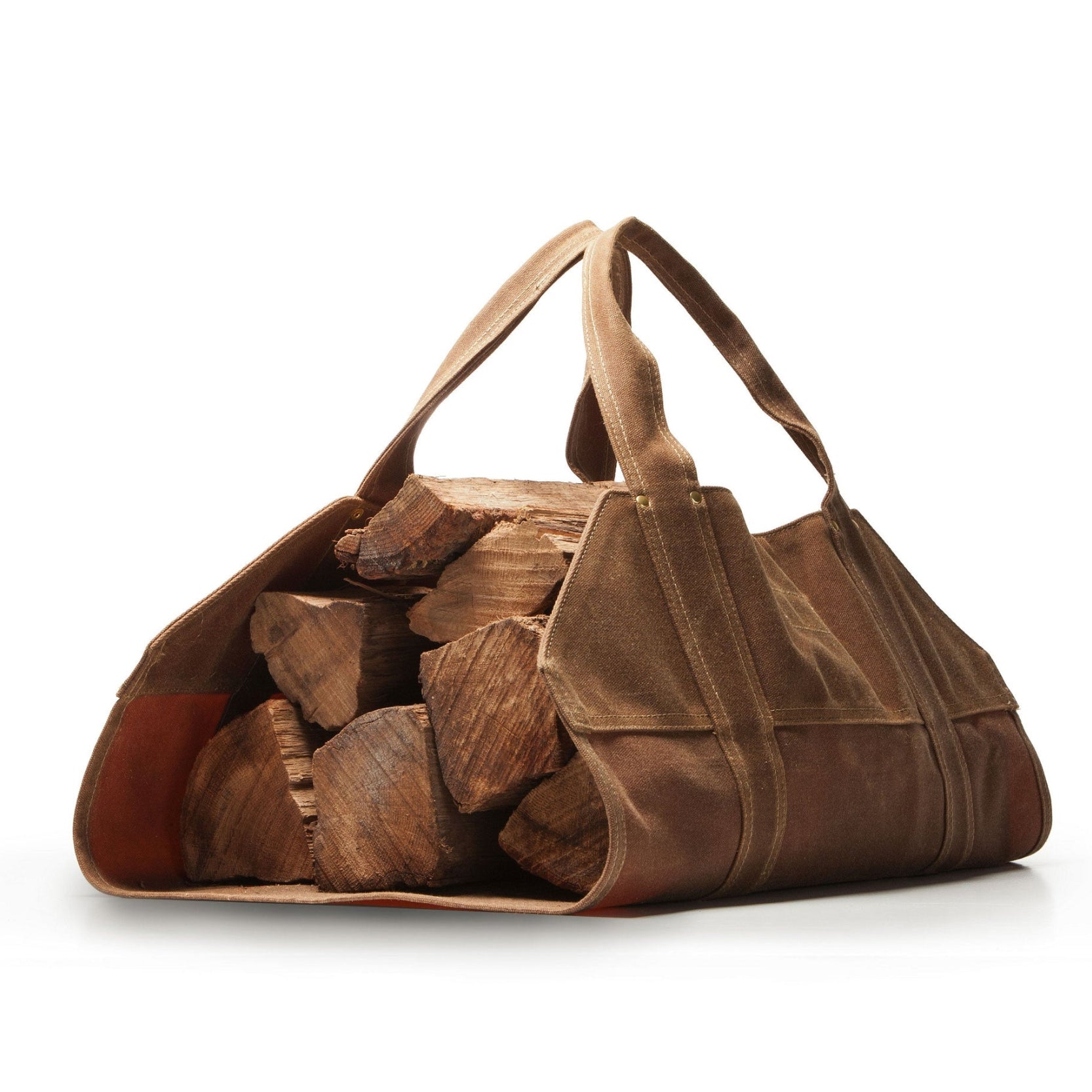 Brown leather bag filled with wooden logs on a white background
