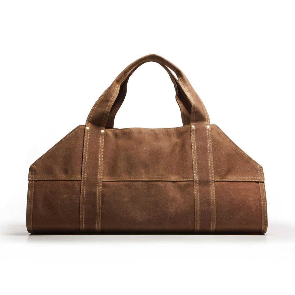 Brown leather duffel bag on a white background