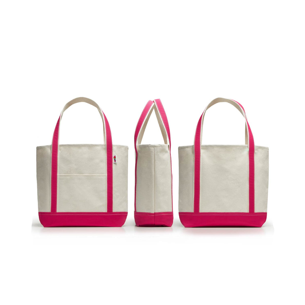 Three tote bags with pink straps and trim on a white background