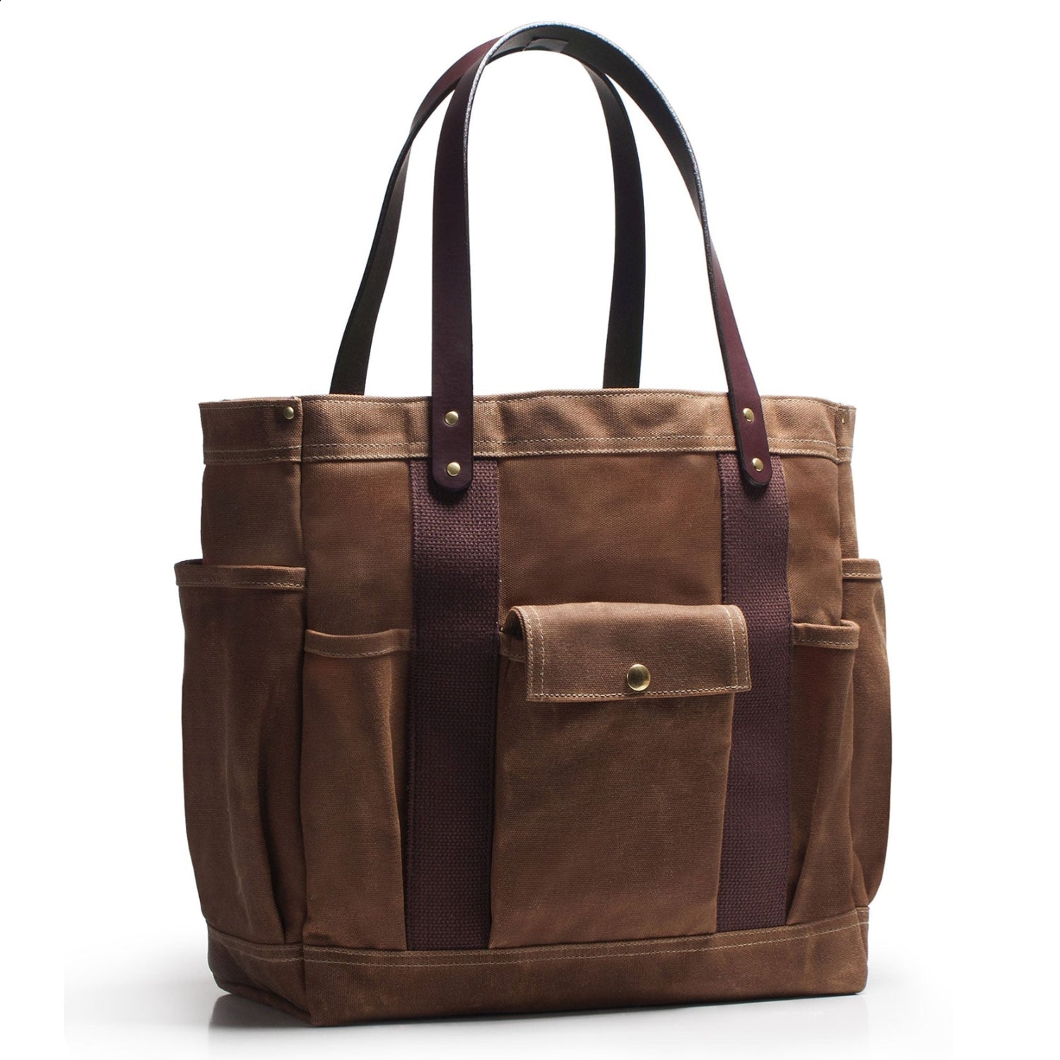 Brown leather tote bag with multiple pockets on a white background