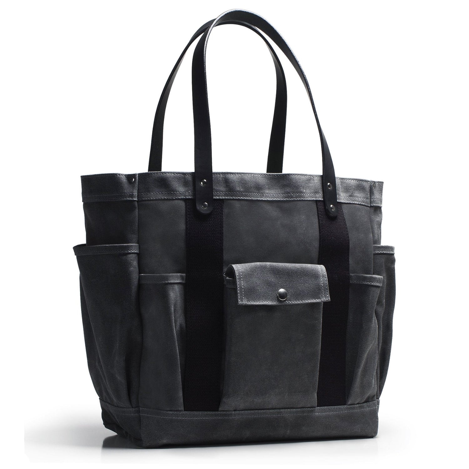 Gray tote bag with multiple pockets on a white background