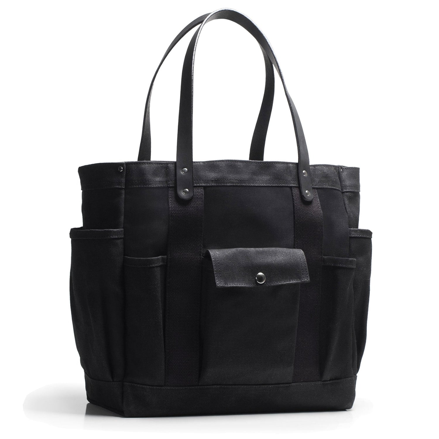 Black tote bag with multiple pockets on a white background