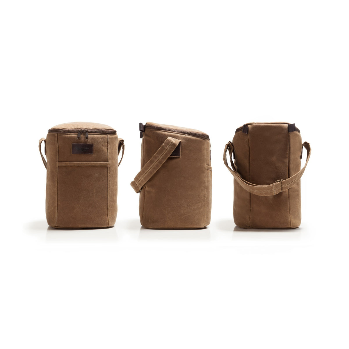 Three views of a brown bourbon bag canvas shoulder bag with a top zipper and side strap, displayed on a clean white background.