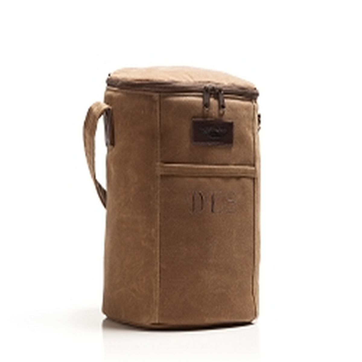 Brown canvas bag with a visible personalized monogram on a white background
