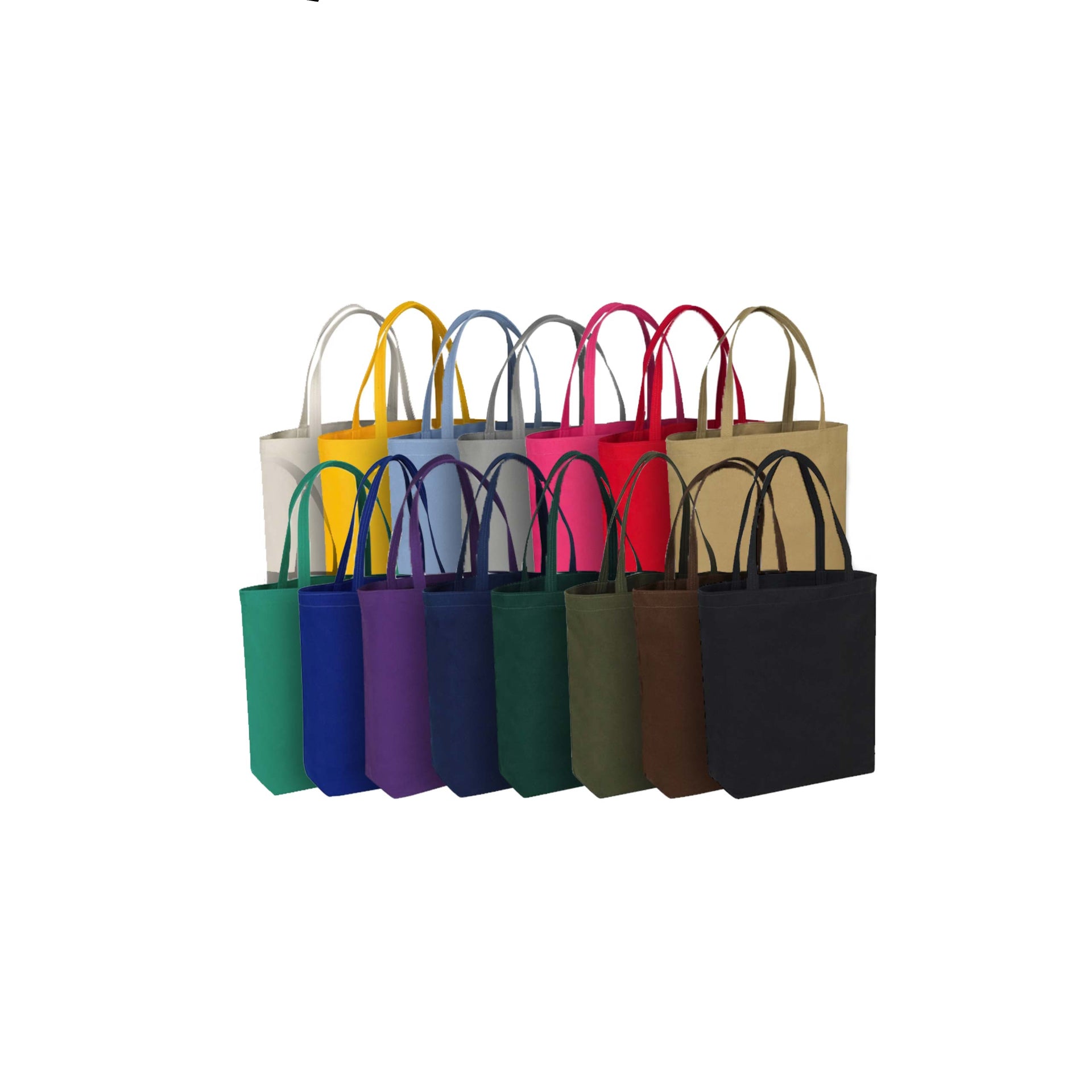 Colorful tote bags arranged in a row on a white background